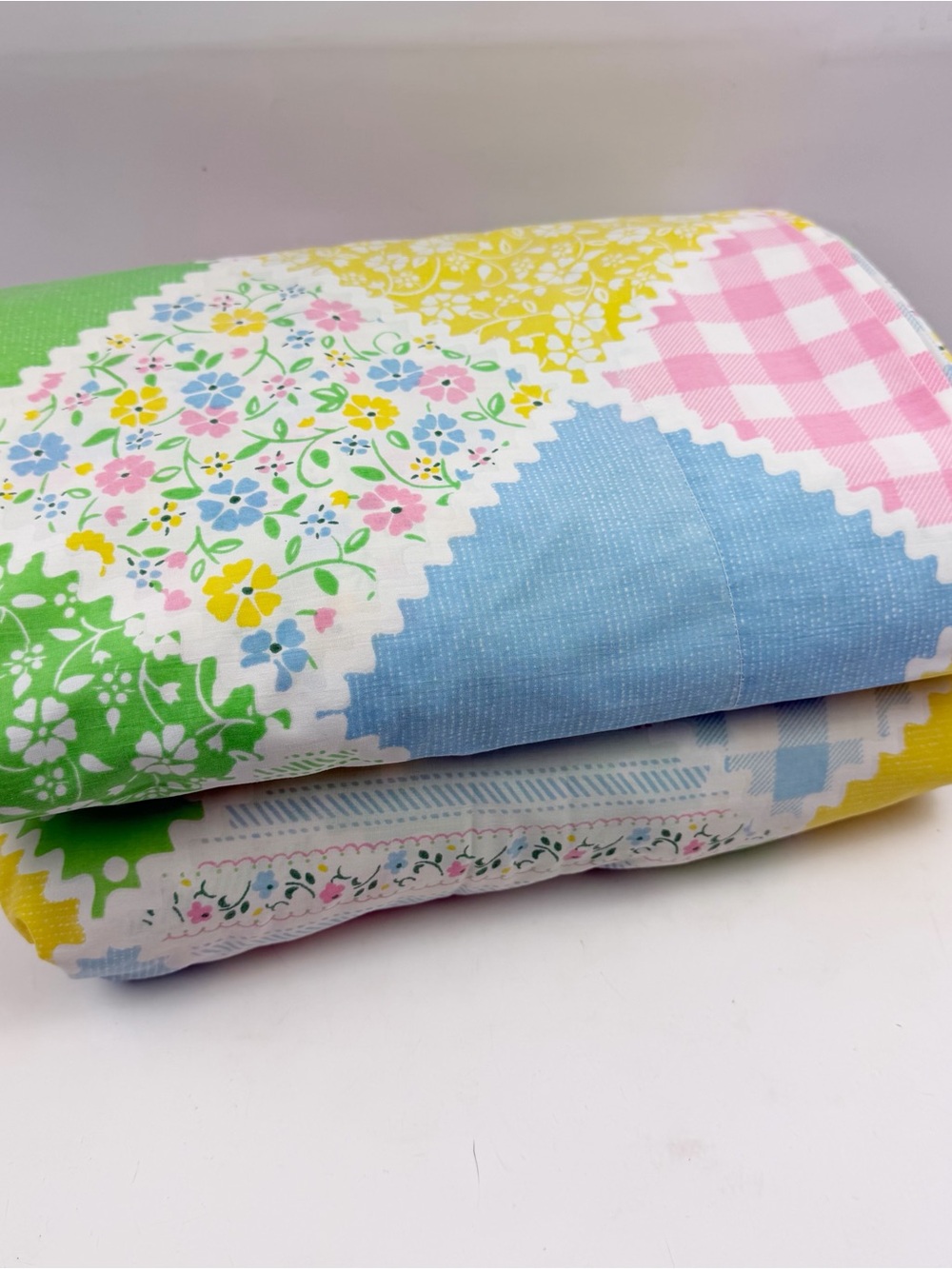 Vintage 70s Sears Country Patch KING Sheet Set Fitted & Flat Perma Prest Bed
